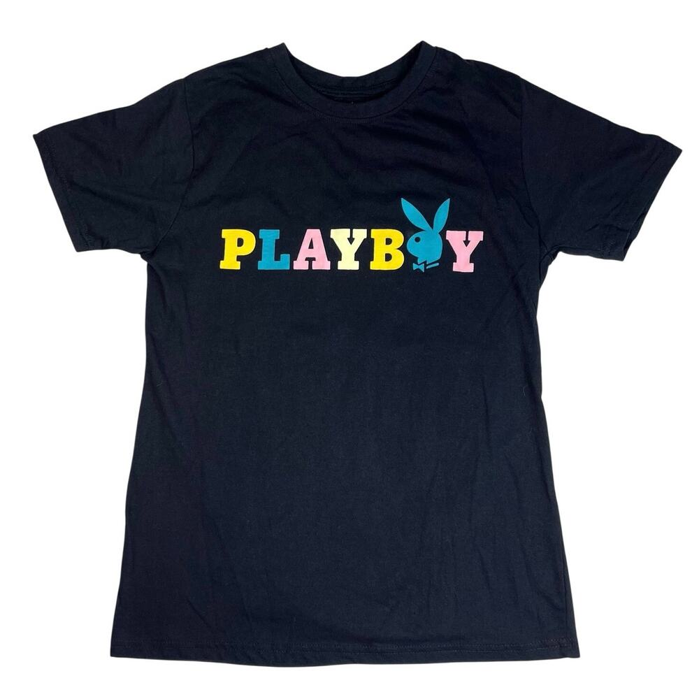 PLAYBOY UNISEX T-SHIRT Black Multicolored Logo w/ Iconic Rabbit Head SIZE SMALL